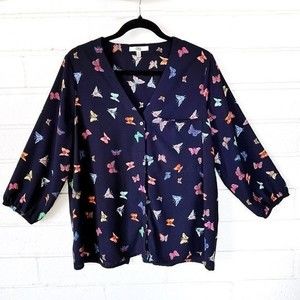 Q&A 3/4 Sleeve Navy Blue Sheer Butterfly Print Crossover Top M